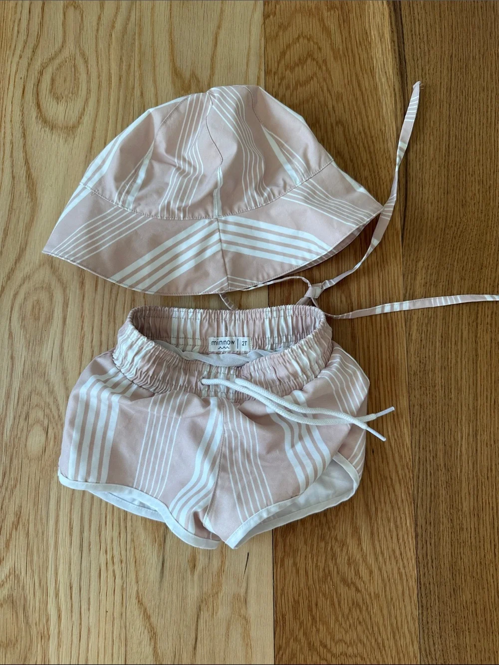 Minnow Kids' tan Striped Swim Trunks and Sun Hat Set